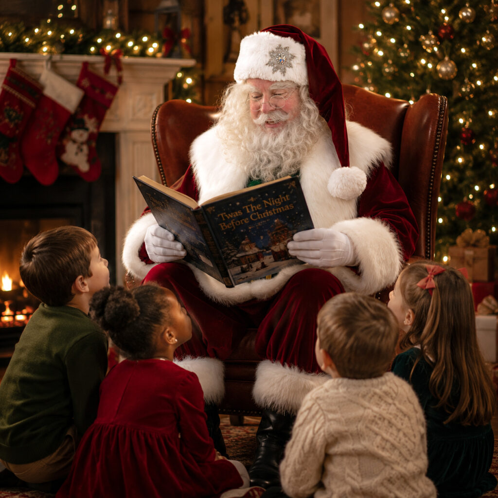 Santa Claus reads 'Twas The Night Before Christmas' to a group of children gathered around him by a Christmas tree and fireplace, indoors.