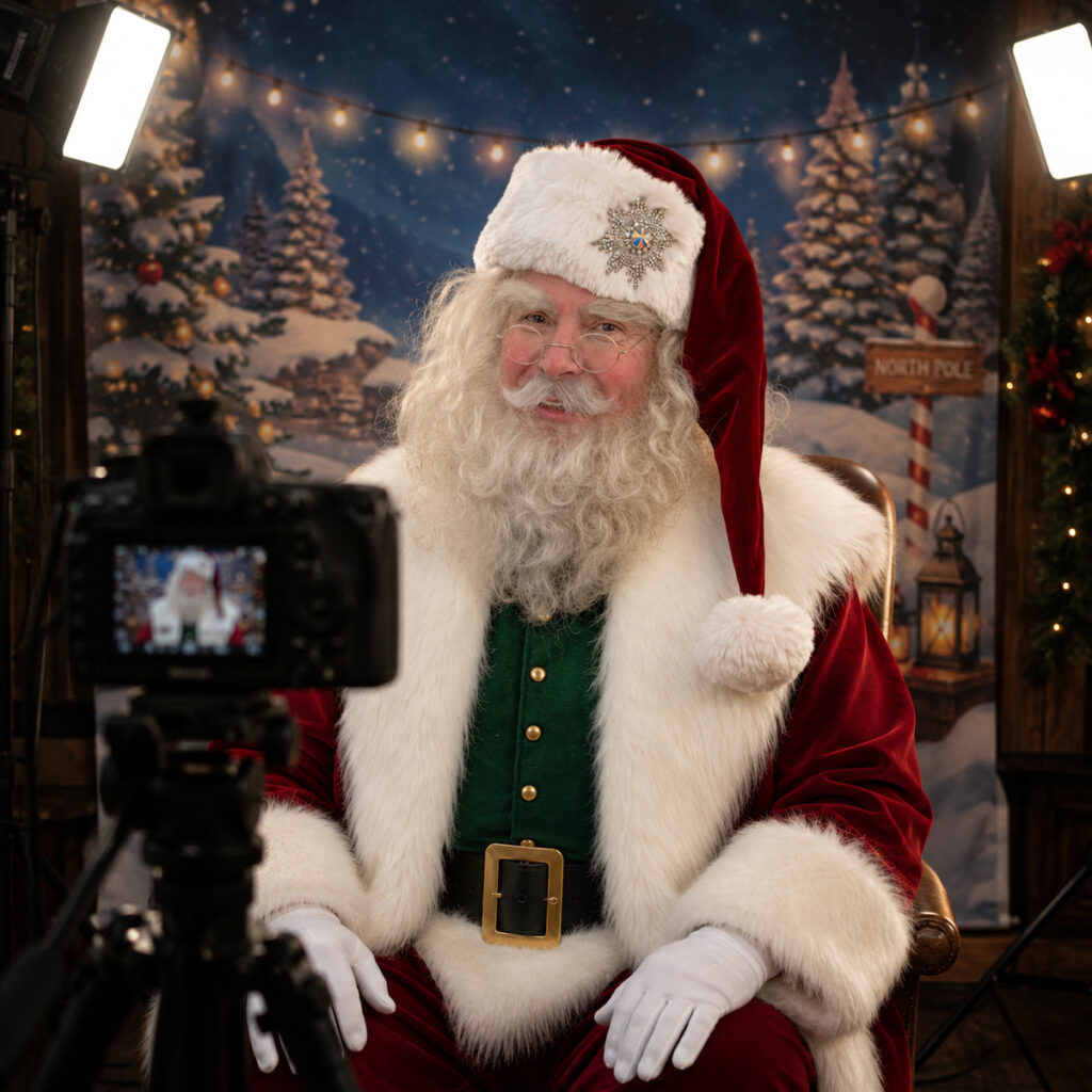 Santa Claus sits for a video shoot in a festive studio, camera on a tripod filming him against a snowy backdrop with warm string lights.
