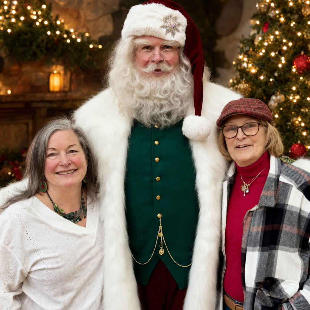 Three people posing with Santa in a festive holiday setting: a woman in white on the left, Santa in a green vest and white fur coat in the center, and a woman in plaid on the right, with Christmas lights in the background.