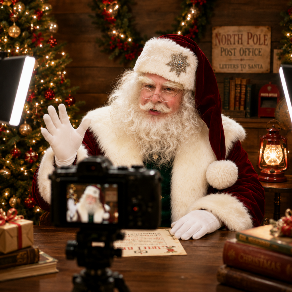 Santa Claus in a red suit waves at a camera in a festive studio with Christmas trees and glowing lights in the background.
