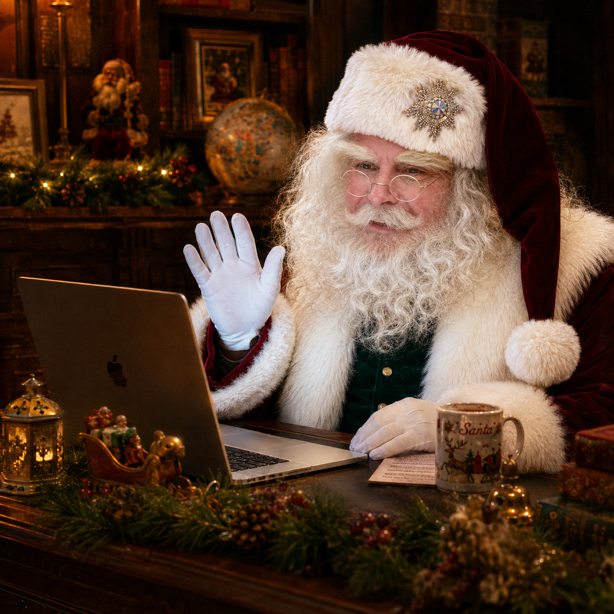 Santa Claus in a fur-trimmed red suit waves from a laptop at a festive desk.Paraphrase: Santa greets while using a computer with holiday décor around him.