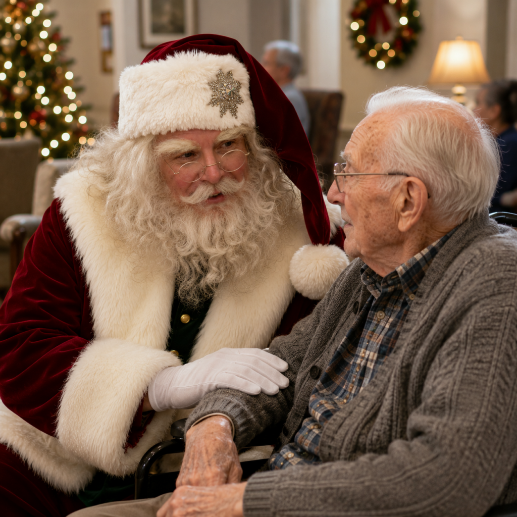Santa Claus in a red suit with white fur chats with an elderly man in a wheelchair at a Christmas gathering.